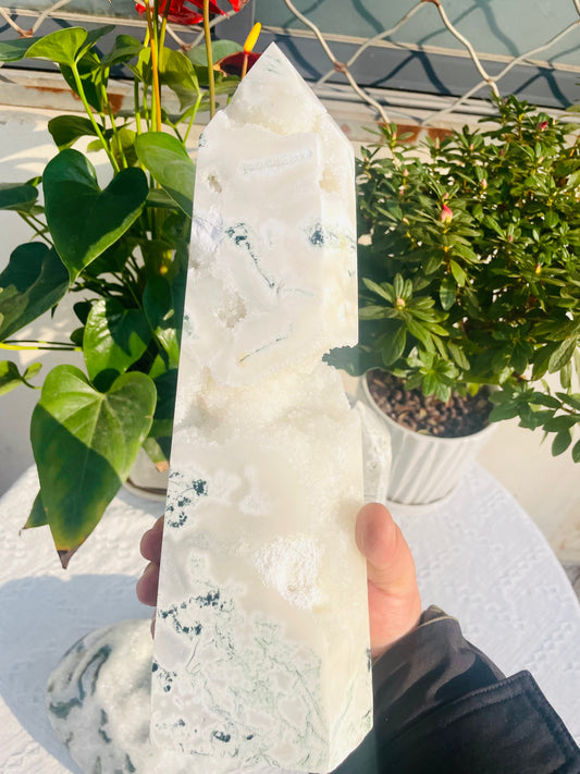 Moss agate druzy tower