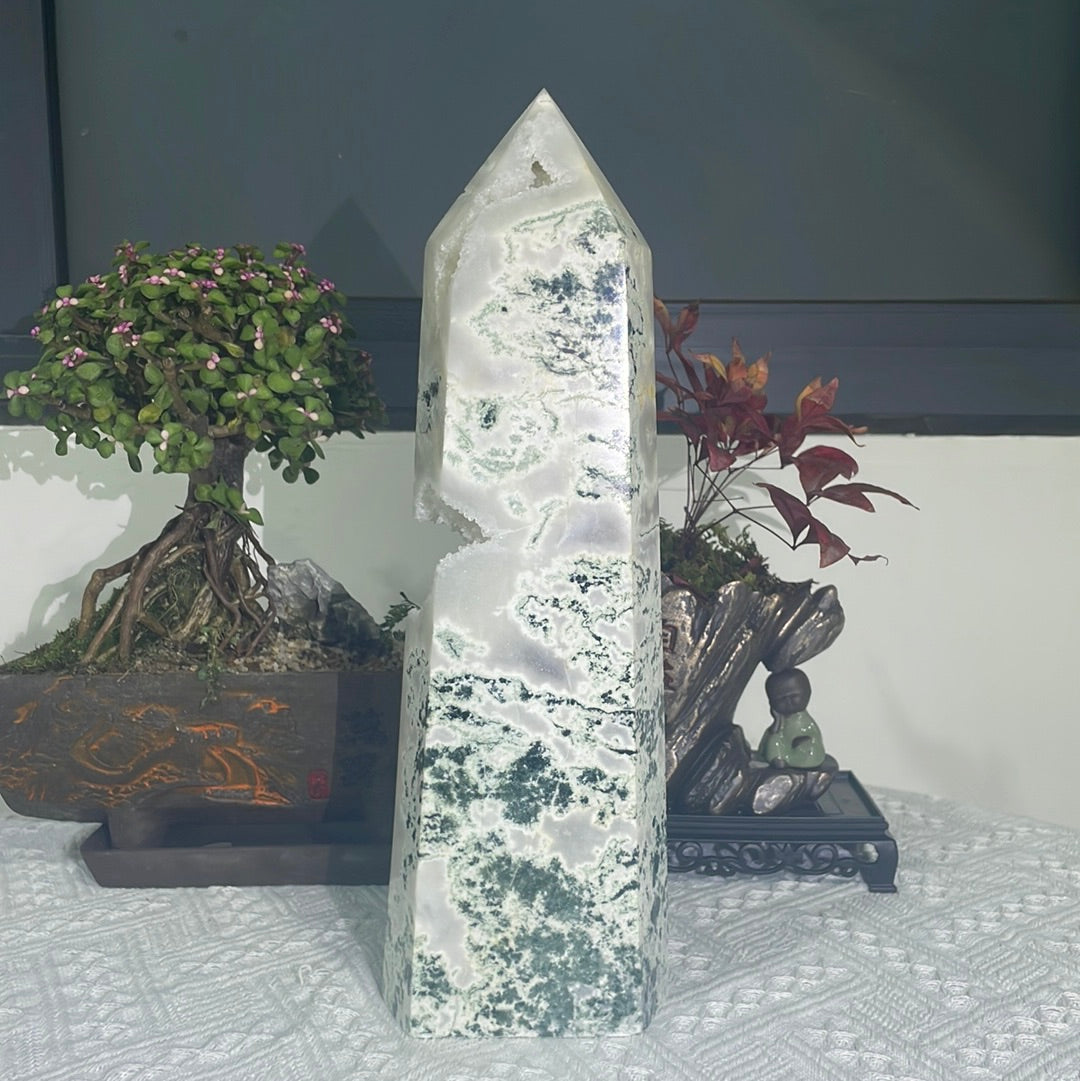 Moss agate druzy tower